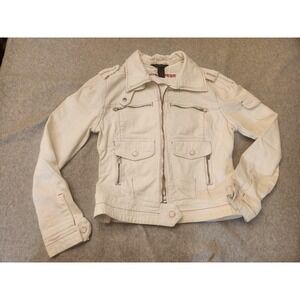 Rocawear Jacket Y2k Womens XL White Denim Moto Red Stitch Pockets Spandex